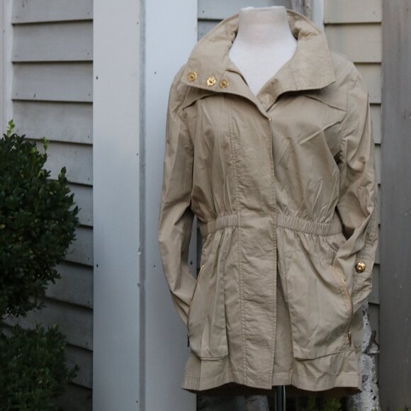 Ciao Milano Tan Wide Cinched Waistband Roll Sleeve Hooded Trench Coat Sz MEDIUM - Picture 1 of 11